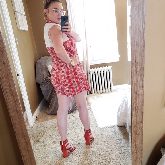 Vintage Wyatt 100% Silk Orange Geometric Print Button Down Sleeveless Romper - Picture 8 of 11